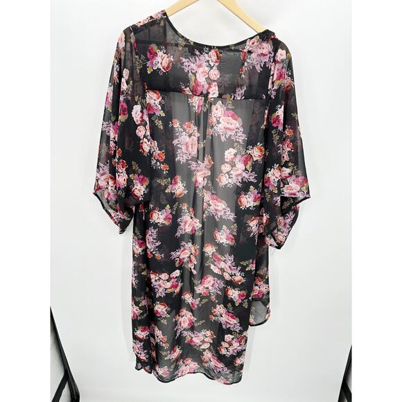 REVERSE Sweater Women SMALL Black Pink Floral Sheer Open Front Duster Kimono - Picture 2 of 7